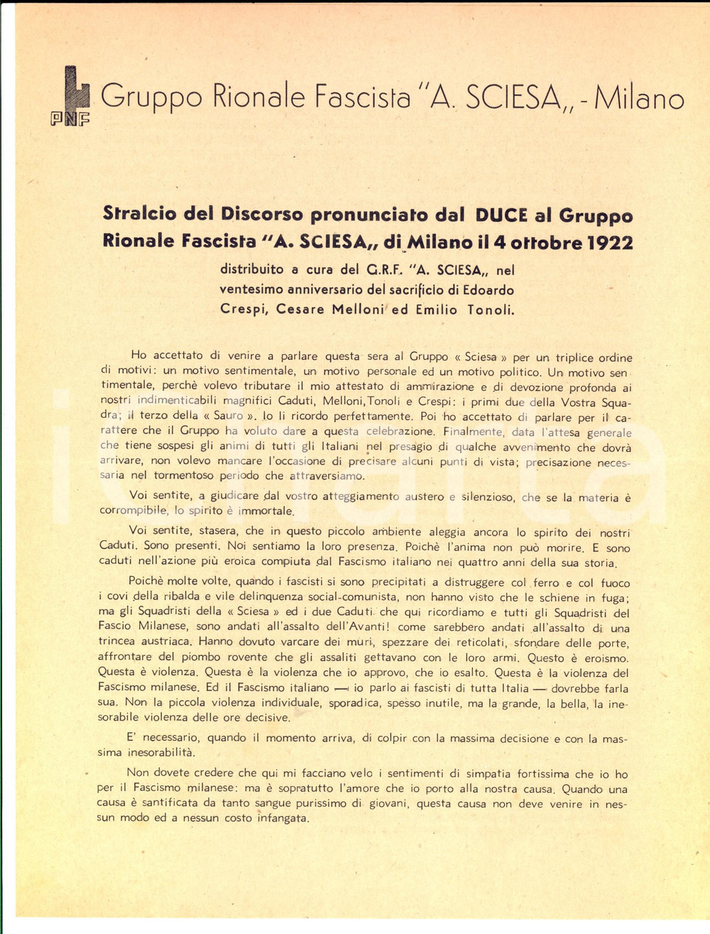 Documento originale, autentico 1922 MILANO Gruppo Rionale SCIESA  Stralcio discorso di MUSSOLINI pro Caduti 1