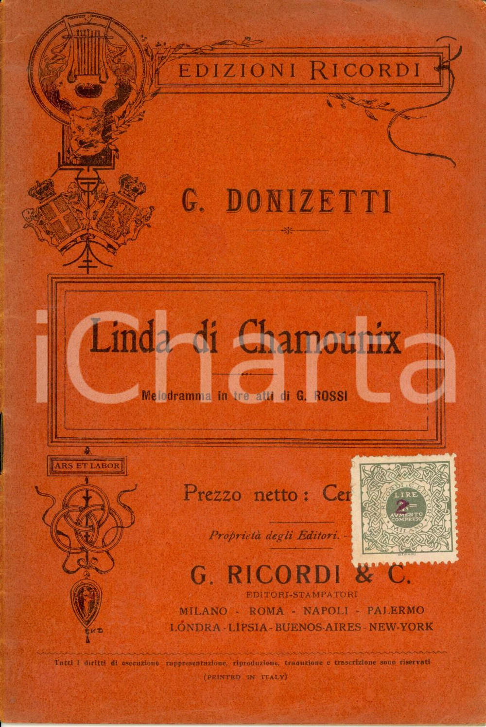 Oggetto da collezione cartaceo 1912 Gaetano DONIZETTI Linda di Chamounix  Melodramma in 3 atti Ed. RICORDI 1