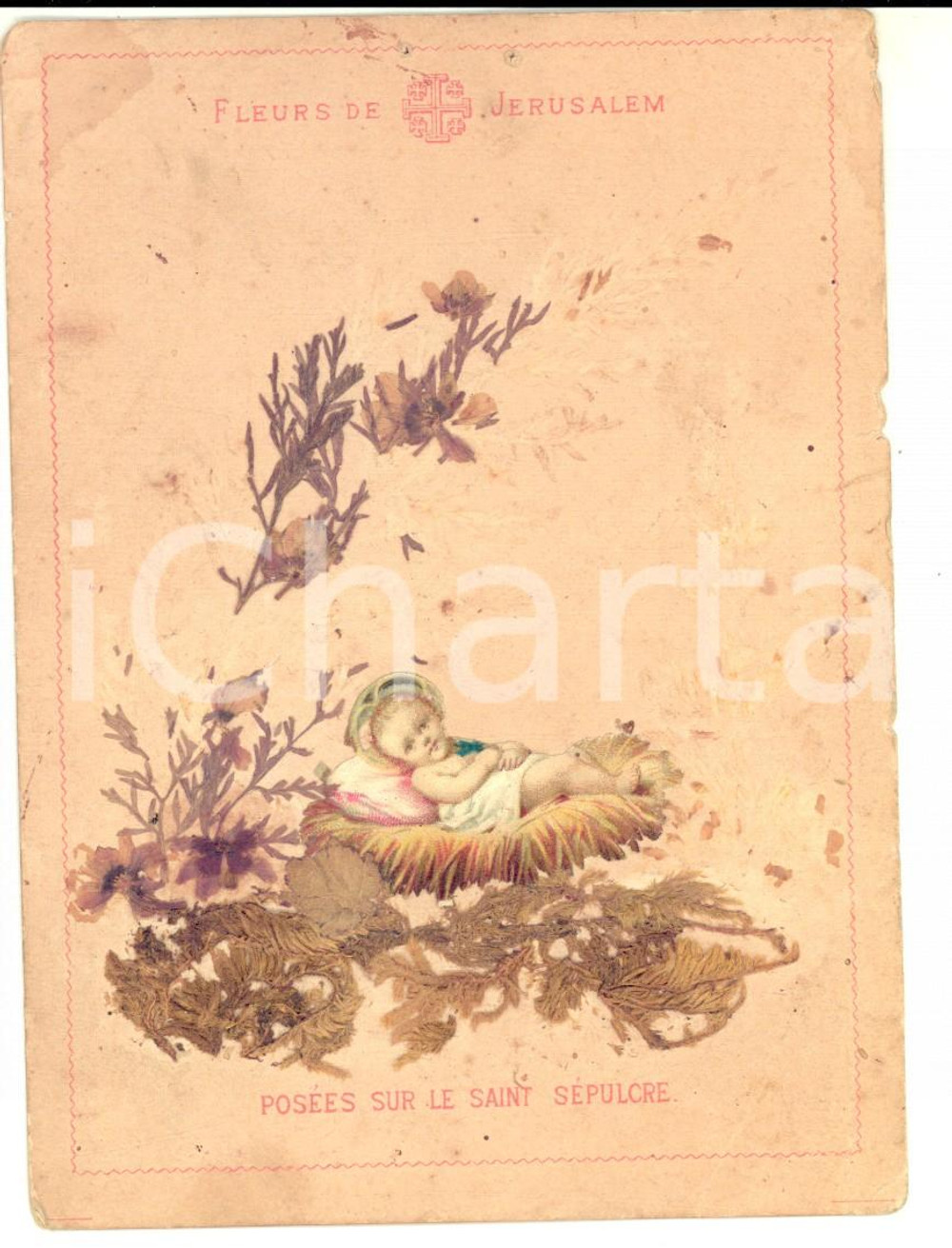 1900 ca GERUSALEMME Biglietto con fiori veri deposti sul SANTO SEPOLCRO *VINTAGE