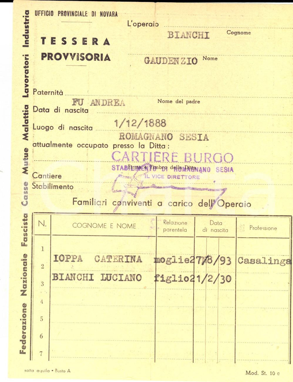 Oggetto da collezione cartaceo 1940 ca ROMAGNANO SESIA NO Cartiere BURGO  Tessera Gaudenzio BIANCHI operaio 1