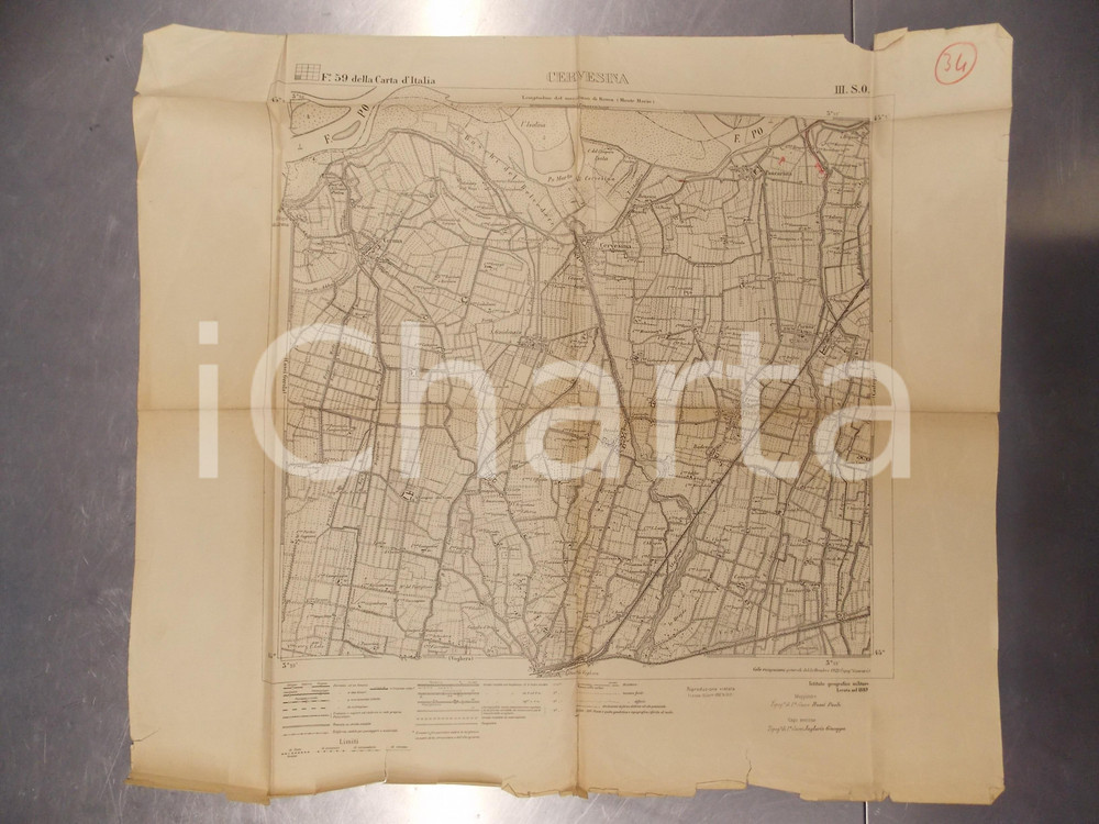 Mappa, planimetria storica 1900 ca ISTITUTO GEOGRAFICO MILITARE Cartina di CERVESINA DANNEGGIATA 1