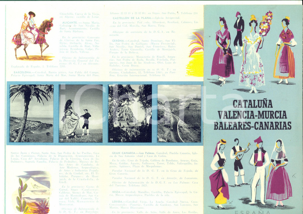Materiale pubblicitario d’epoca 1950 ca CATALUNYA  VALENCIA  BALEARES Desplegable turistico ILUSTRADO 1