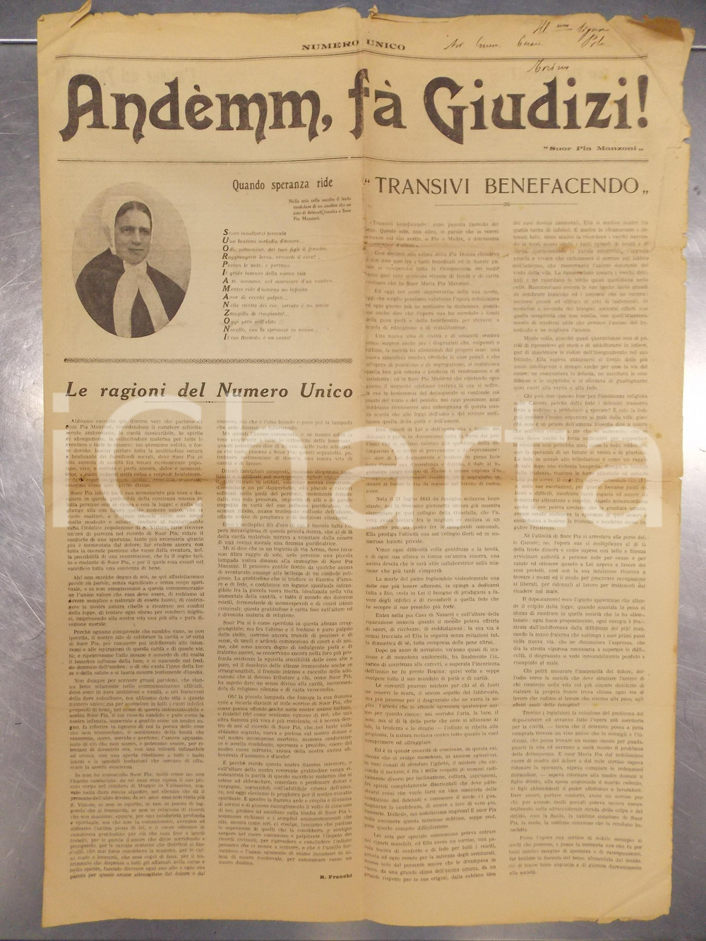 Giornale, rivista storica 1923 MILANO SAN VITTORE Andemm, fa giudizi! Suor PIA MANZONI Numero unico RARO 1