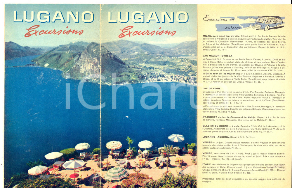 Materiale pubblicitario d’epoca 1950 ca LUGANO CH Escursioni  Pieghevole illustrato con mappa VINTAGE 1