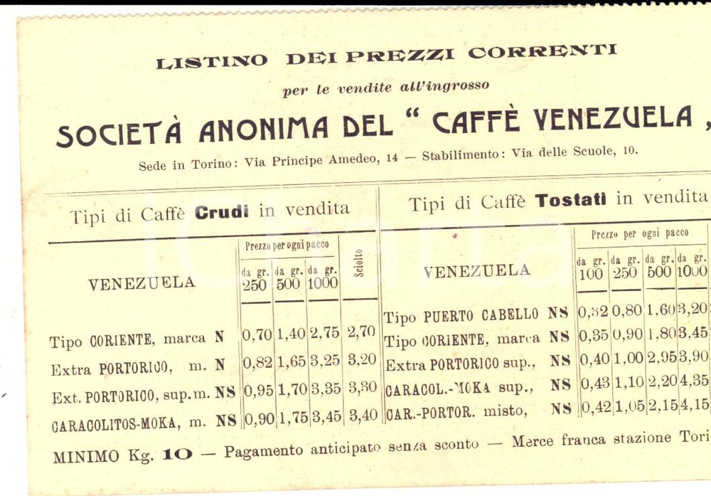 Materiale pubblicitario d’epoca 1910 ca TORINO Società Anonima CAFFE  VENEZUELA Listino dei prezzi correnti 1