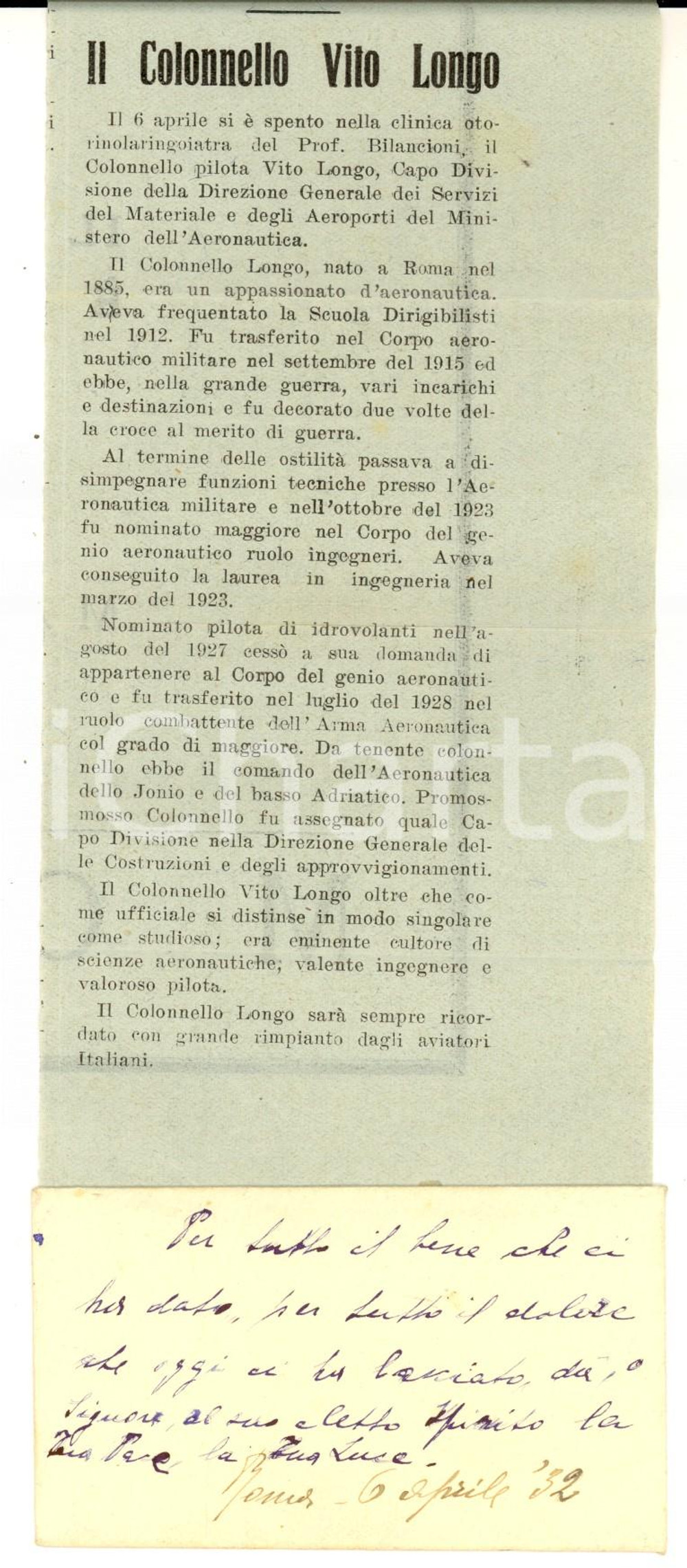 Materiale pubblicitario d’epoca 1932 ROMA In morte del colonnello Vito LONGO Articolo con preghiera manoscritta 1