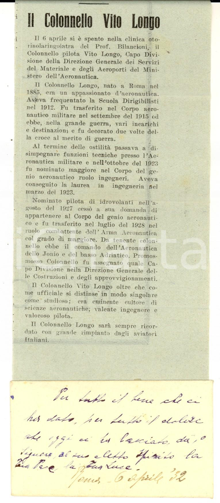Materiale pubblicitario d’epoca 1932 ROMA In morte del colonnello Vito LONGO Articolo con preghiera manoscritta 1