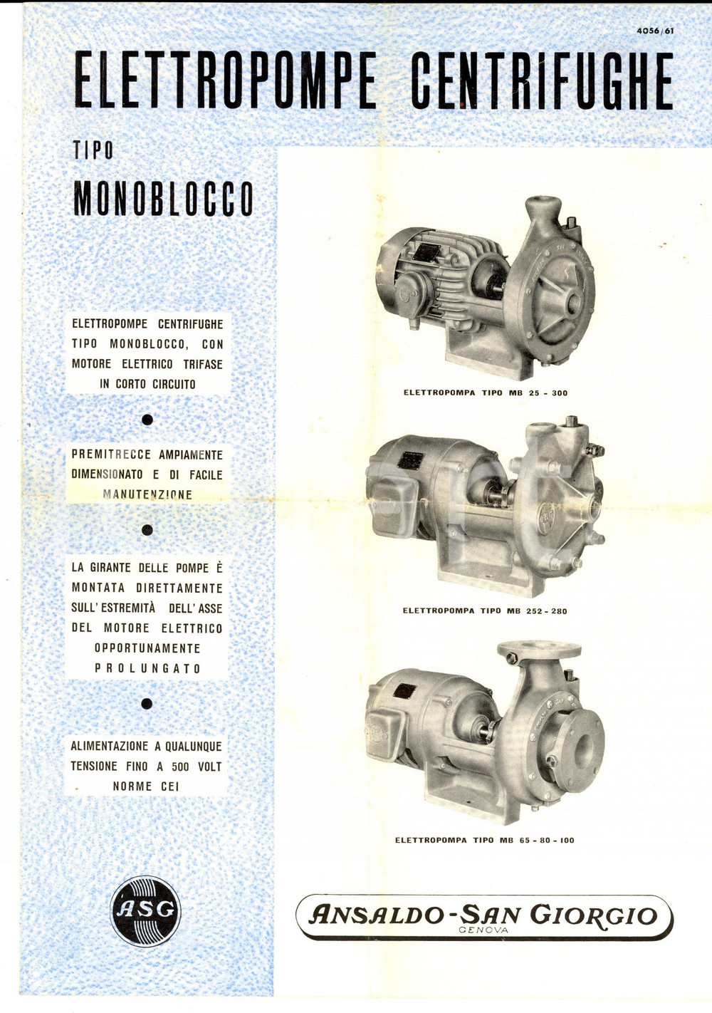Materiale pubblicitario d’epoca 1961 GENOVA ANSALDO Elettropompe centrifughe tipo monoblocco Pubblicitario 1