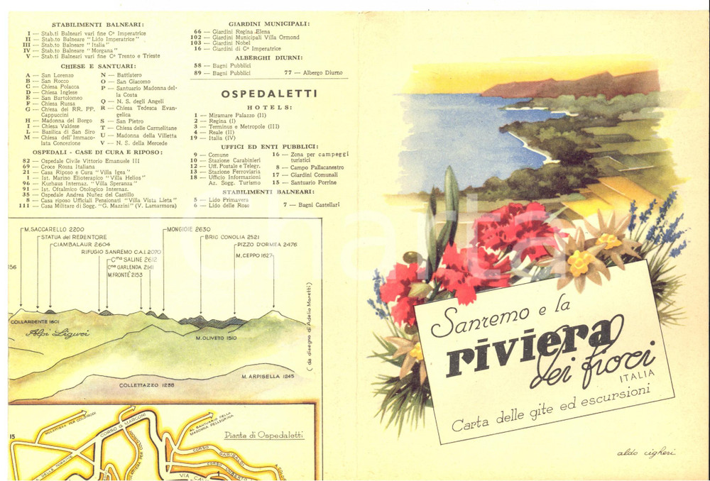 Materiale pubblicitario d’epoca 1950 ca SANREMO e la Riviera dei Fiori  Gite ed escursioni Ill. Aldo CIGHERI 1