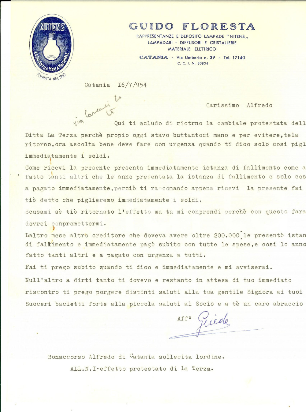Manoscritto, lettera originale 1954 CATANIA Guido FLORESTA rappresentanze lampade NITENS Lettera 1
