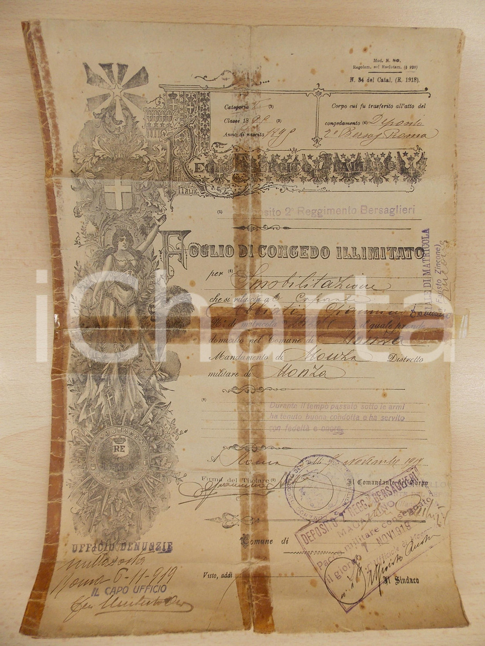 Documento originale, autentico 1919 MONZA Congedo Giannino Domenico ABBIATI bersagliere GRAVEMENTE DANNEGGIATO 1