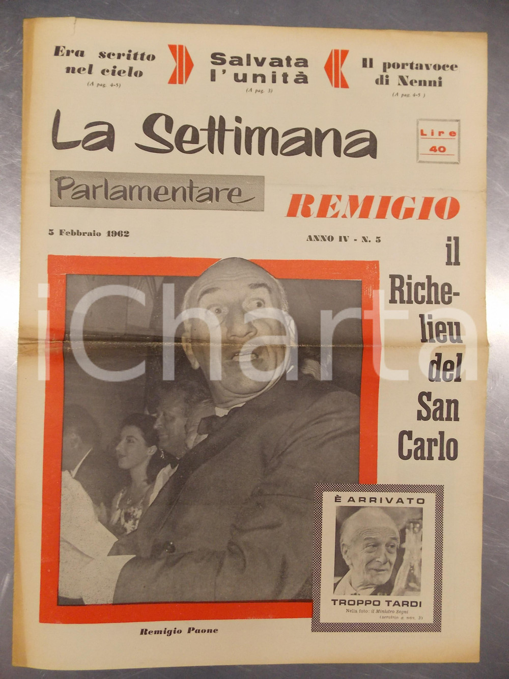 Giornale, rivista storica 1962 LA SETTIMANA PARLAMENTARE Remigio PAONE il Richelieu del SAN CARLO Rivista 1