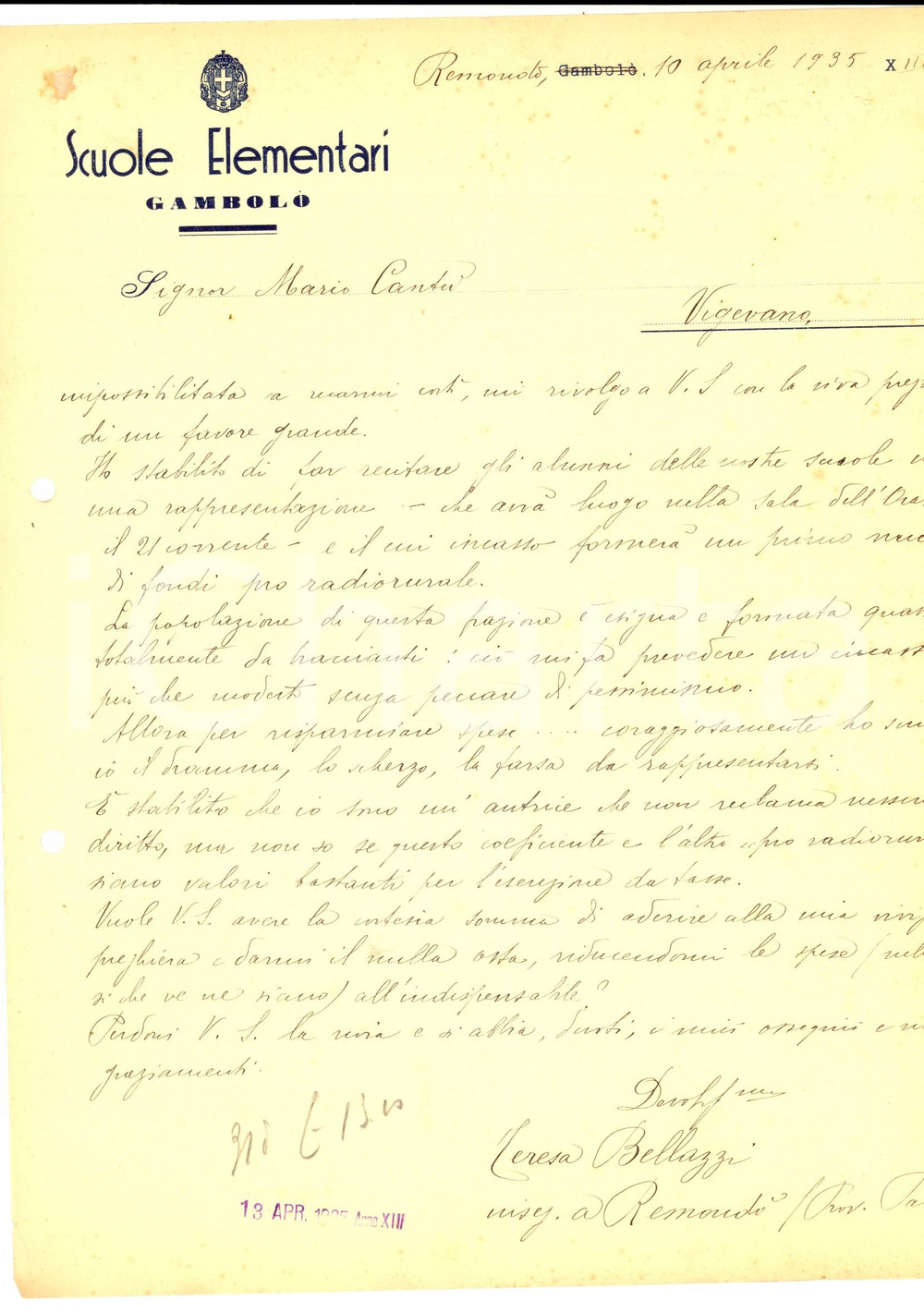 Documento originale, autentico 1935 GAMBOLO  PV Maestra Teresa BELLAZZI organizza spettacolo pro radiorurale 1