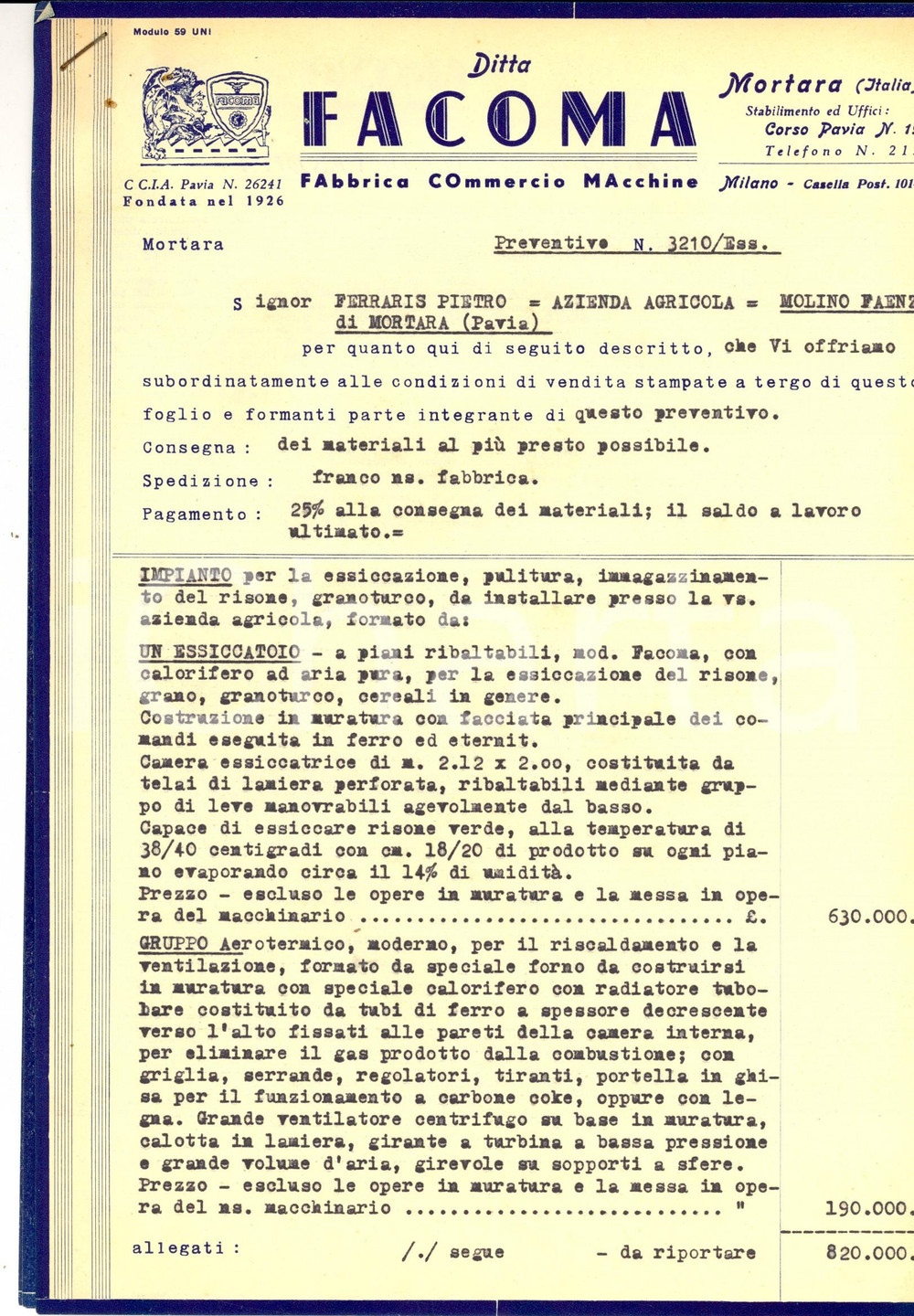 Documento originale, autentico 1950 ca MORTARA PV Preventivo ditta FACOMA per un azienda agricola e mulino 1