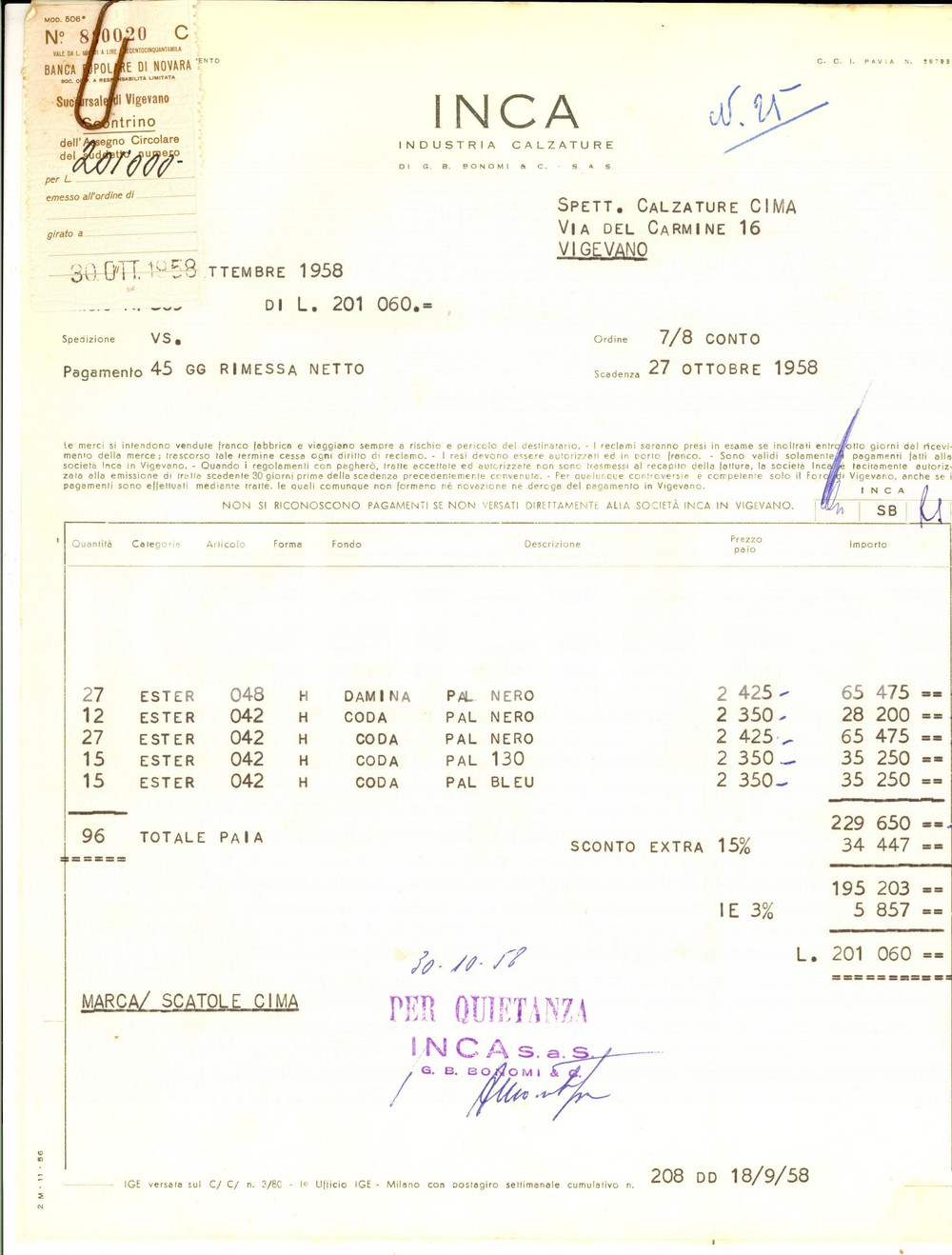 Documento originale, autentico 1958 VIGEVANO PV Industria calzature INCA Fattura intestata 1