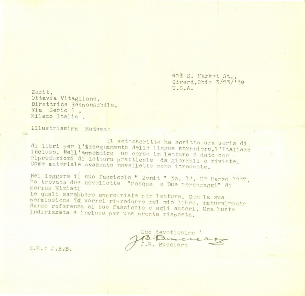 Manoscritto, lettera originale 1938 GIRARD USA J.B. BUCCIERO chiede diritti su due novelle di Marius MINIATI 1