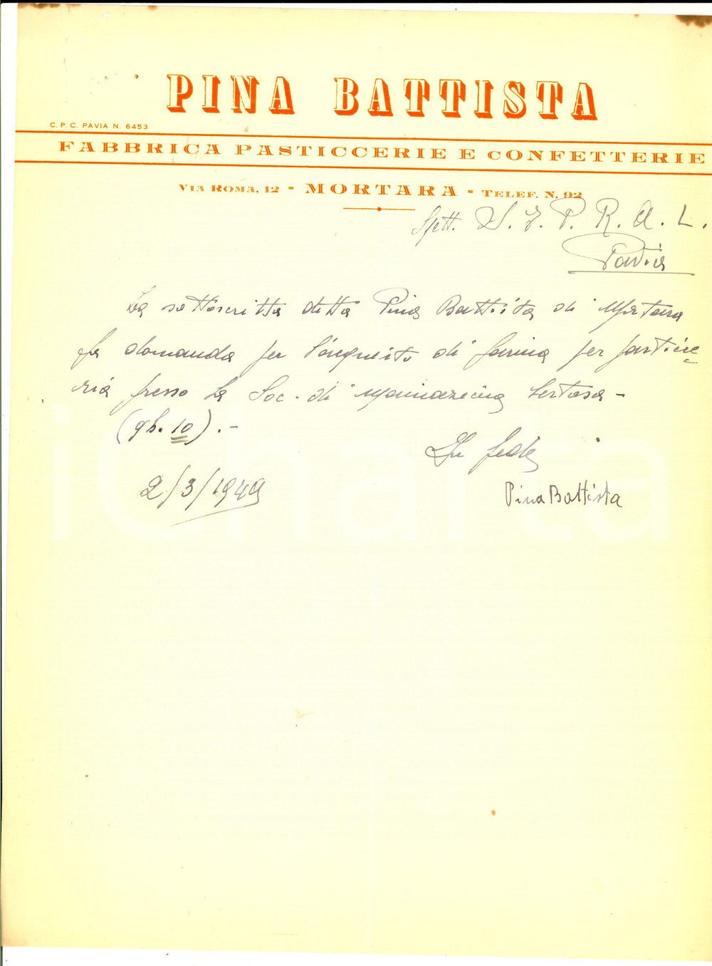 Documento originale, autentico 1949 MORTARA PV Fabbrica pasticcerie e confetterie PINA BATTISTA Lettera 1