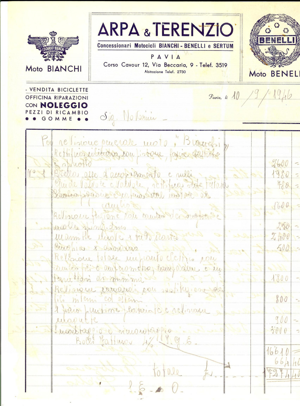 Documento originale, autentico 1946 PAVIA ARPA & TERENZIO  Concessionario motocicli BIANCHI  BENELLI e SERTUM 1