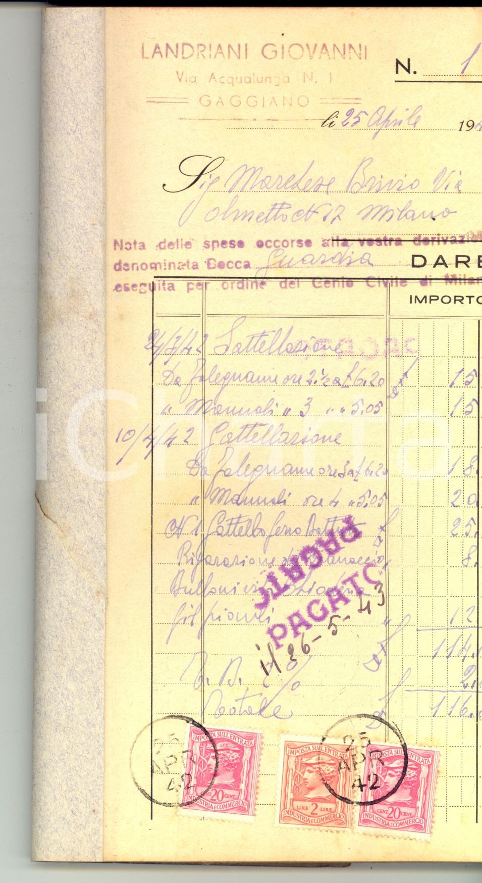 Documento originale, autentico 194244 GAGGIANO Ditta Giovanni LANDRIANI Spese per lavori alle rogge Registro 1