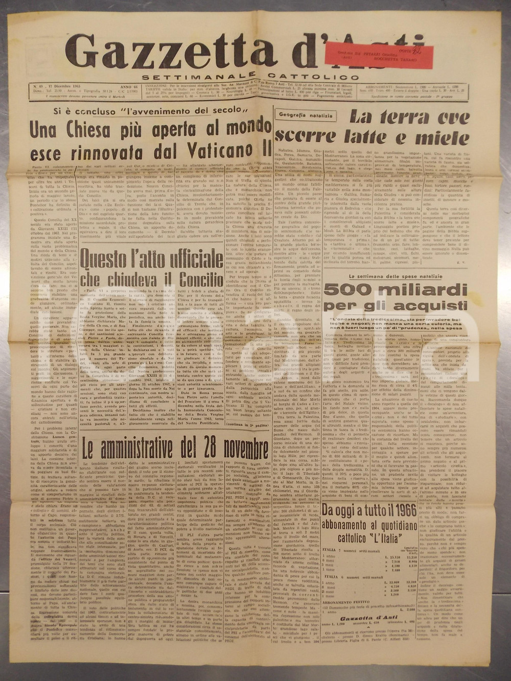 Giornale, rivista storica 1965 GAZZETTA D ASTI Chiusura del CONCILIO VATICANO II Settimanale cattolico 1