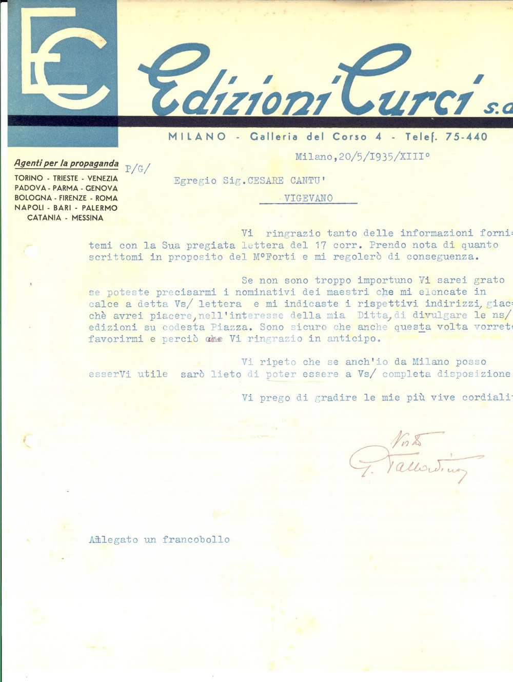 Documento originale, autentico 1935 MILANO Edizioni CURCI ricerca artisti sul territorio Lettera pubblicitaria 1
