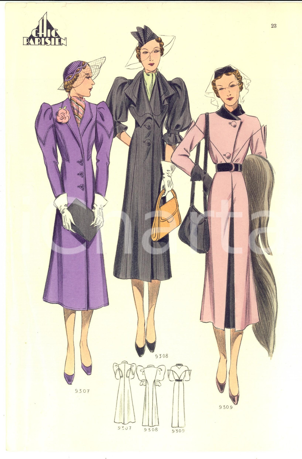 Stampa, bozzetto originale 1930 ca Moda donna ANNI  30 CHIC PARISIEN Abiti lunghi e cappelli con veletta 1
