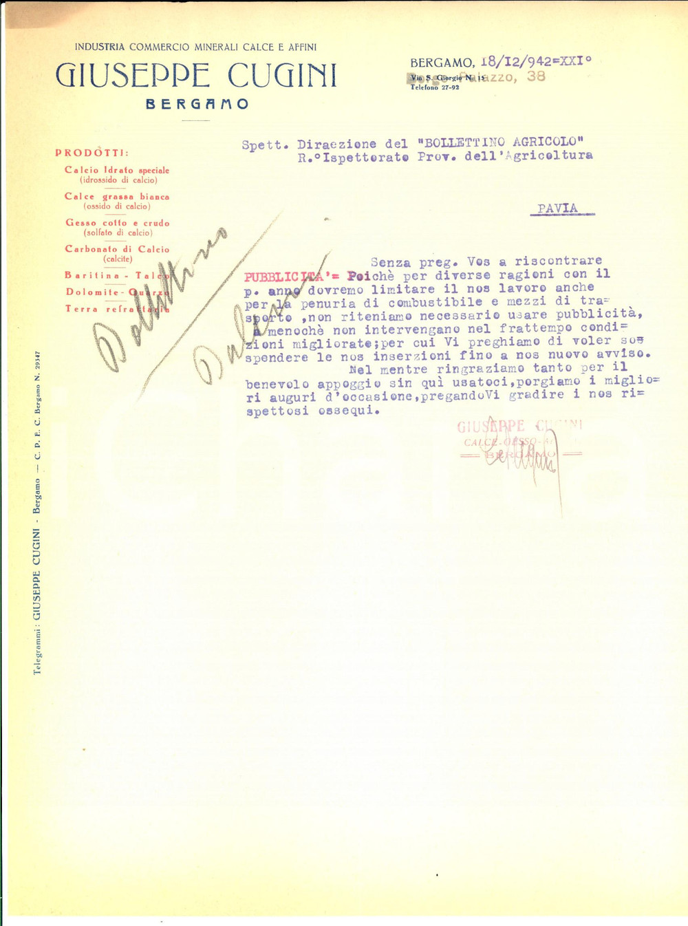 Documento originale, autentico 1942 WW2 BERGAMO Giuseppe CUGINI interrompe la pubblicitÃ  a causa della guerra 1
