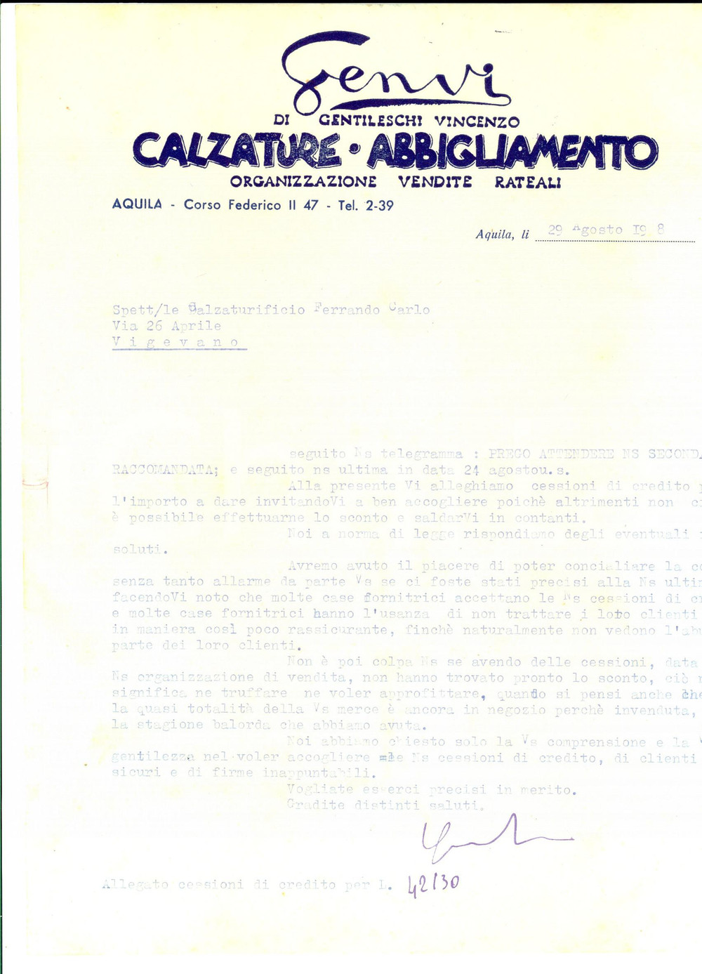Documento originale, autentico 1948 L AQUILA Calzature GENVI di Vincenzo GENTILESCHI e una stagione balorda 1