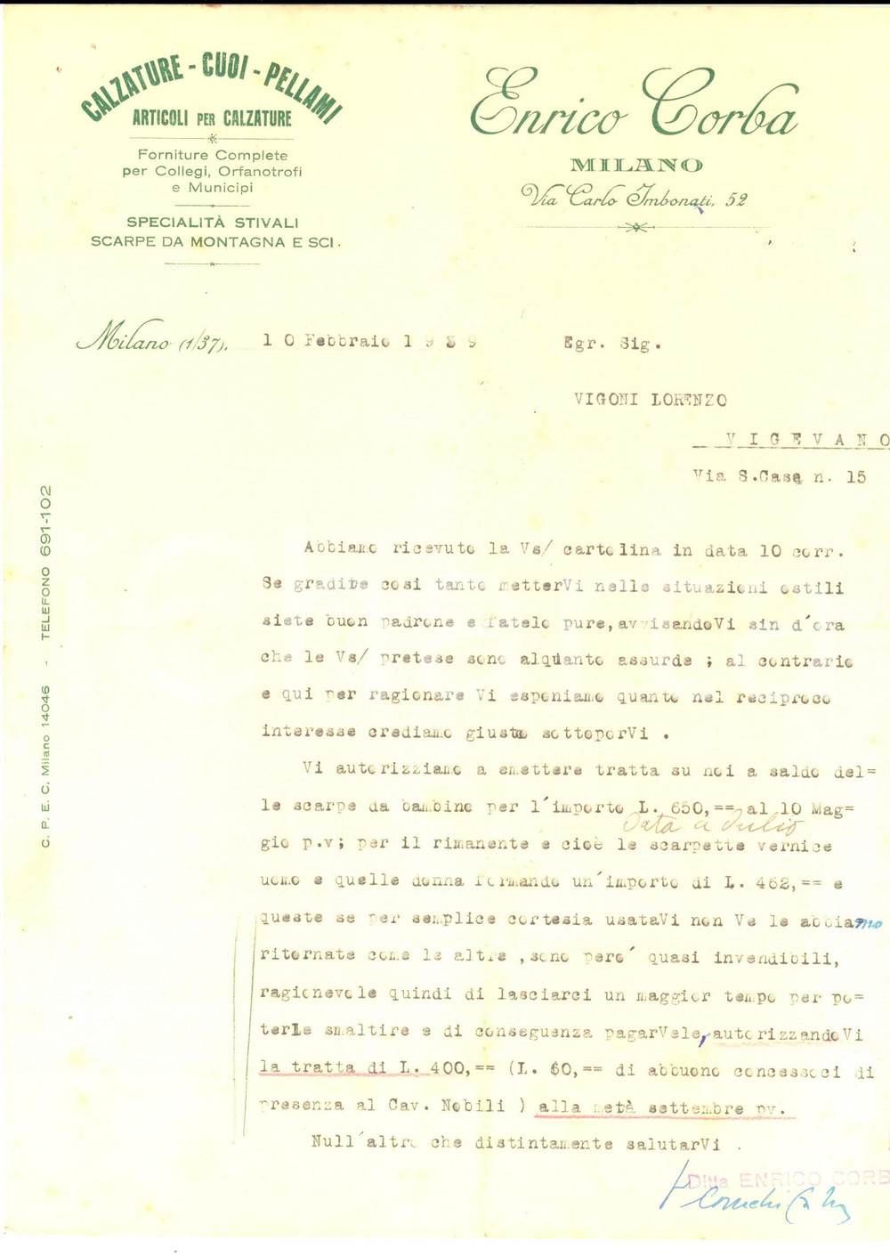 Manoscritto, lettera originale 1939 MILANO Enrico CORBA calzature  Scarpe di vernice invendibili Lettera 1