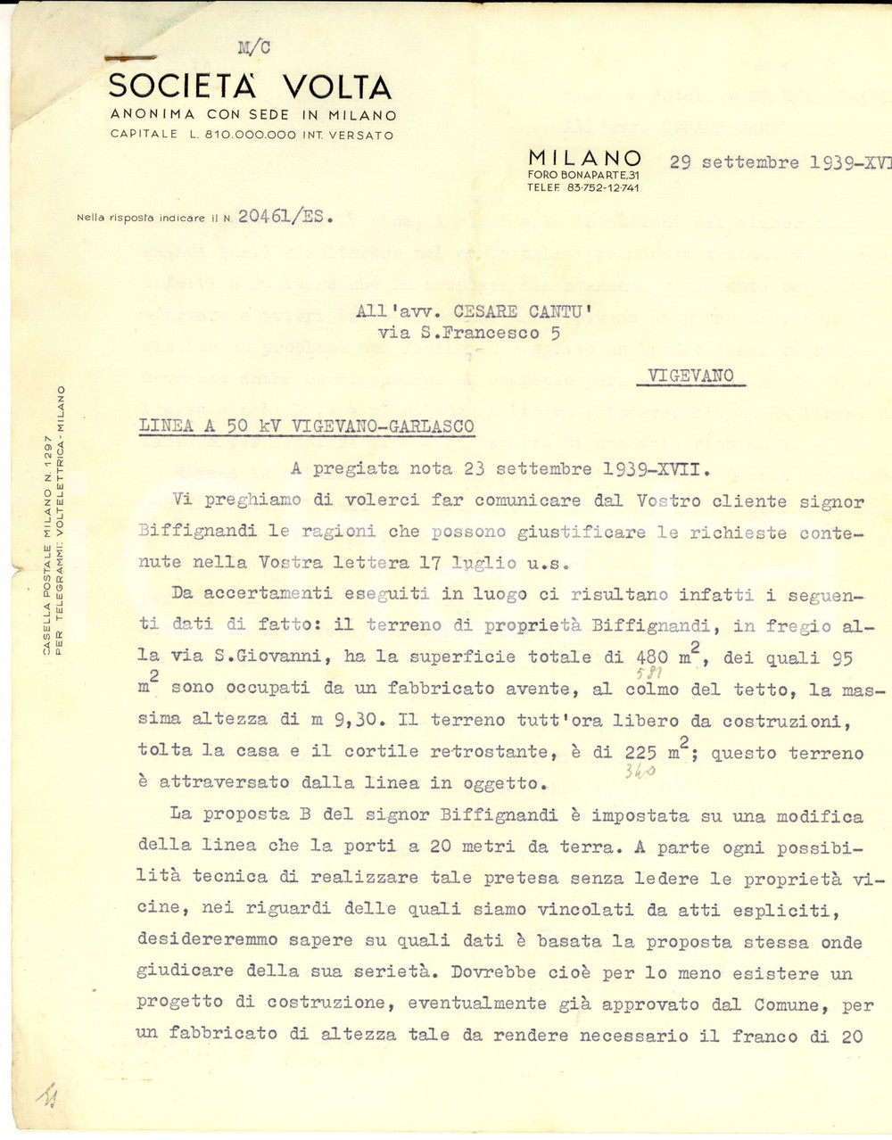Manoscritto, lettera originale 1939 MILANO Dubbi della SOCIETA  VOLTA su linea VIGEVANOGARLASCO Lettera 1