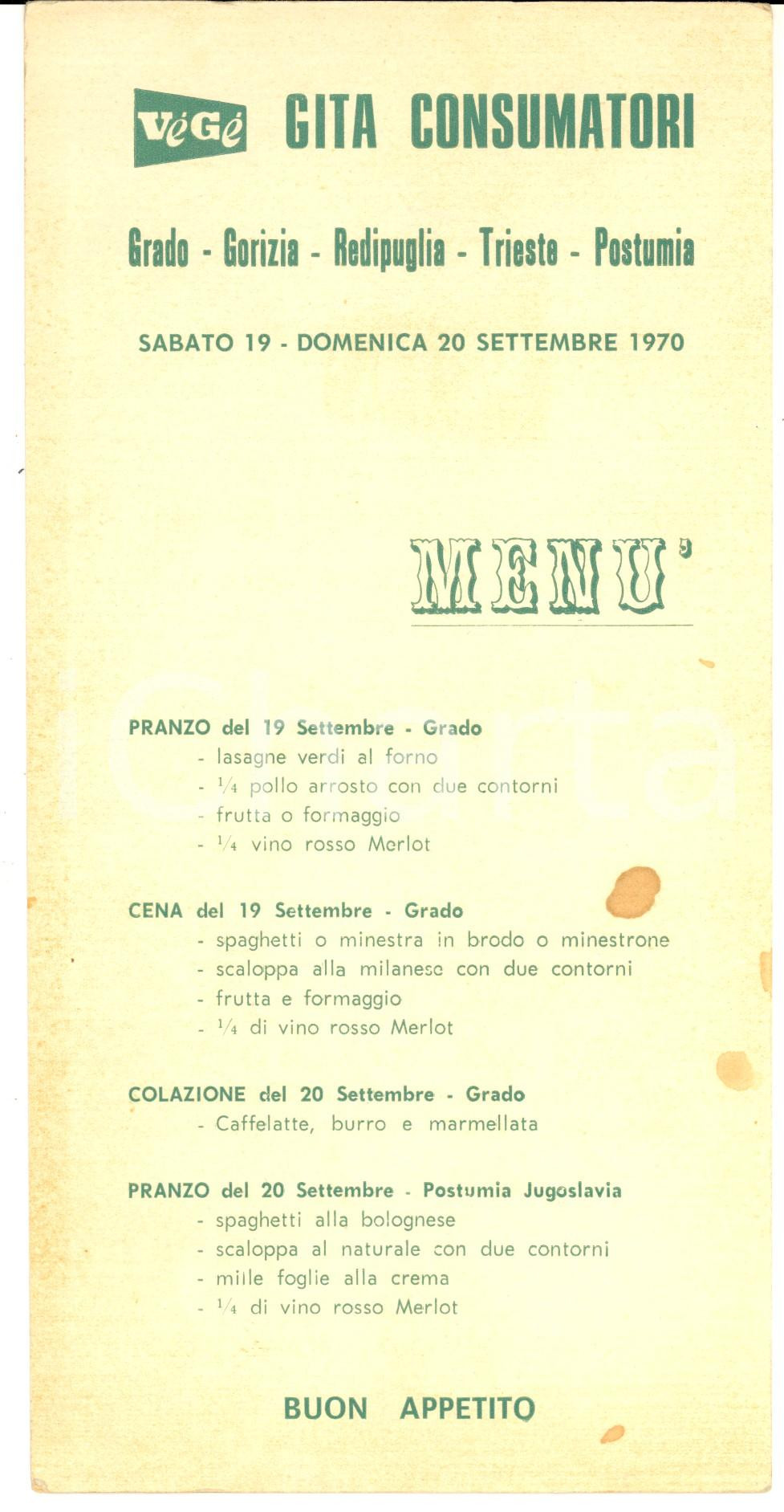 Oggetto da collezione cartaceo 1970 GRADO GO Gita dei consumatori VEGE  Menù VINTAGE 12 x 23 cm 1