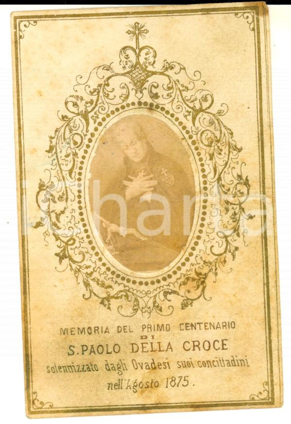 Oggetto da collezione cartaceo 1875 OVADA AL SAN PAOLO DELLA CROCE Primo centenario Santino con FOTO 1
