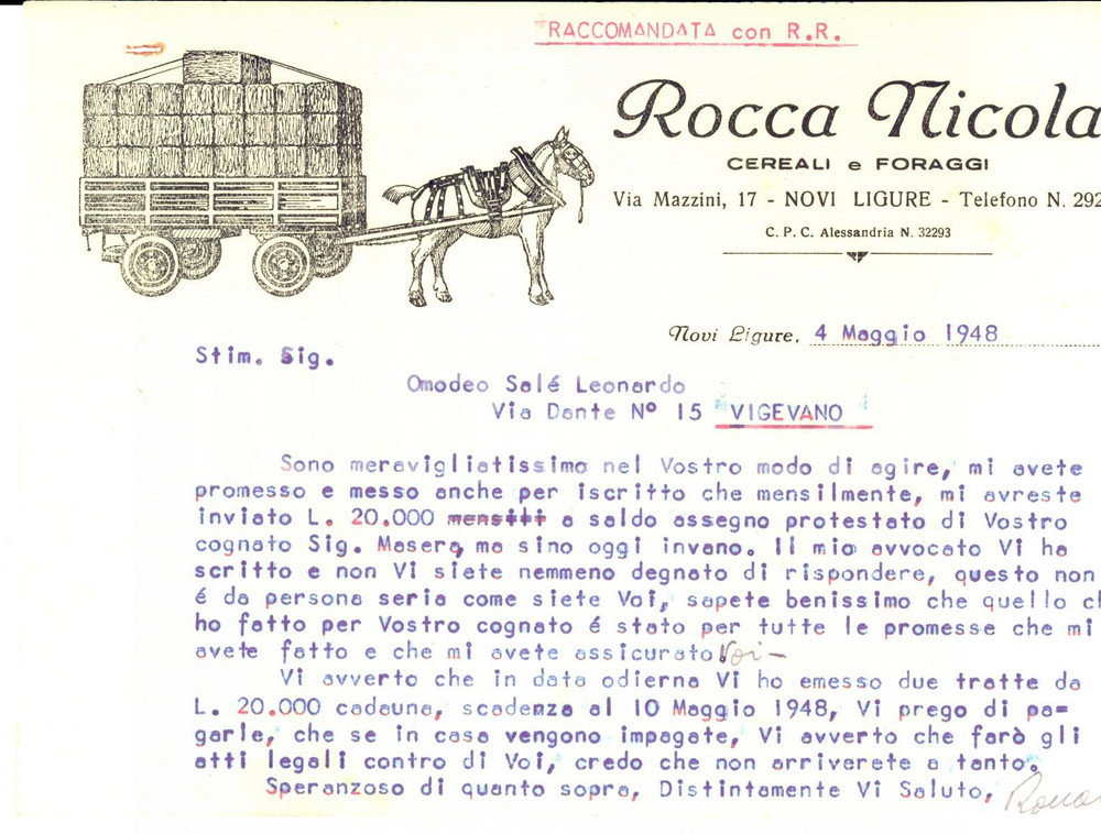 Manoscritto, lettera originale 1948 NOVI LIGURE AL Nicola ROCCA cereali e formaggi Lettera carta intestata 1