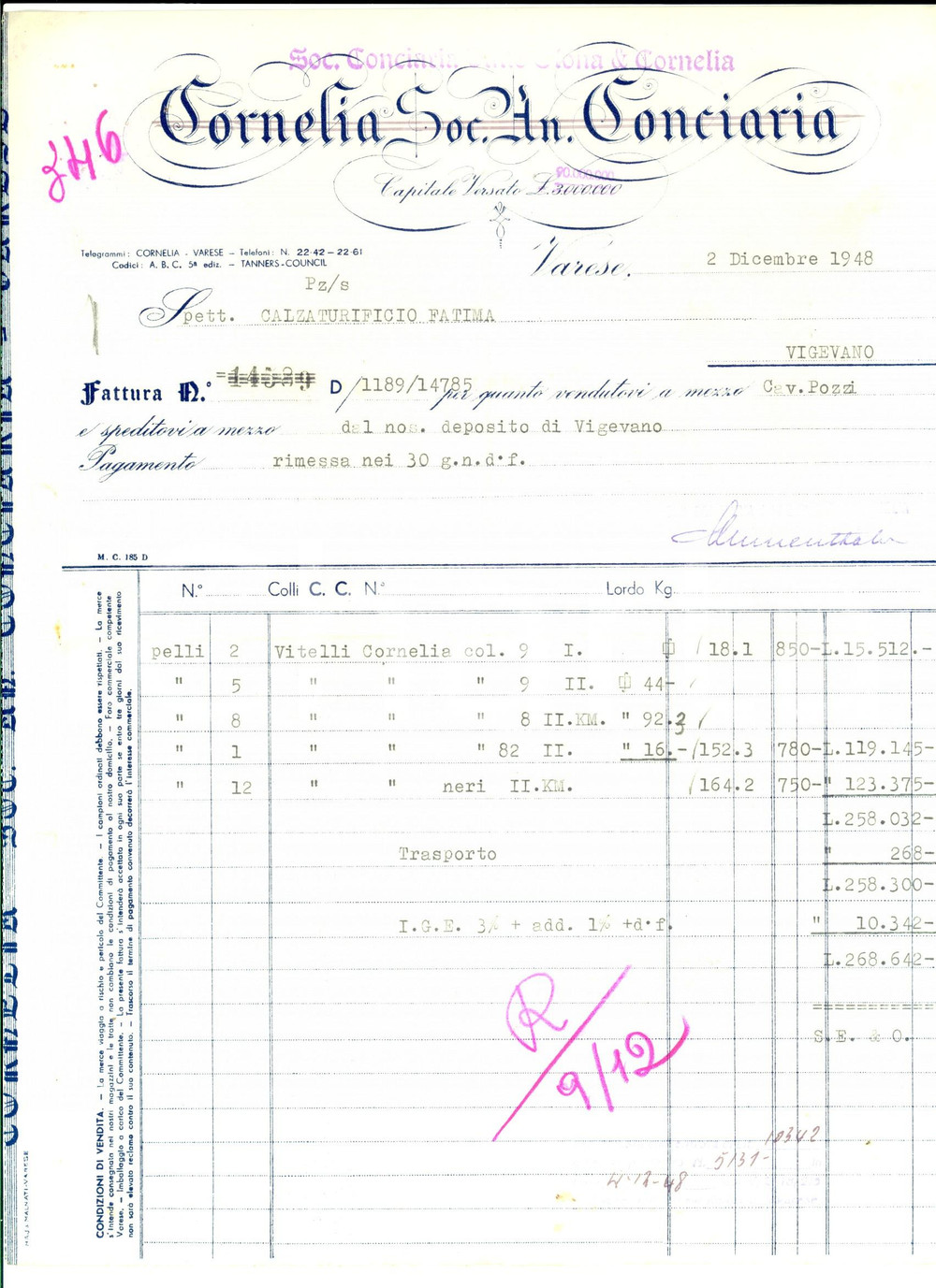 Documento originale, autentico 1948 VARESE Società Conciaria CORNELIA Fattura vitelli su carta intestata 1