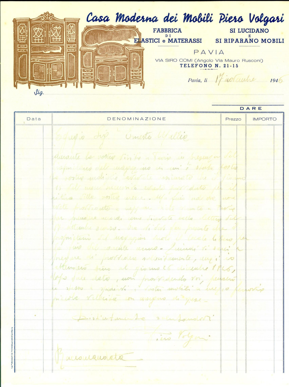 Manoscritto, lettera originale 1946 PAVIA Casa Moderna dei Mobili Pietro VOLGARI sullo sgombero di un magazzino 1