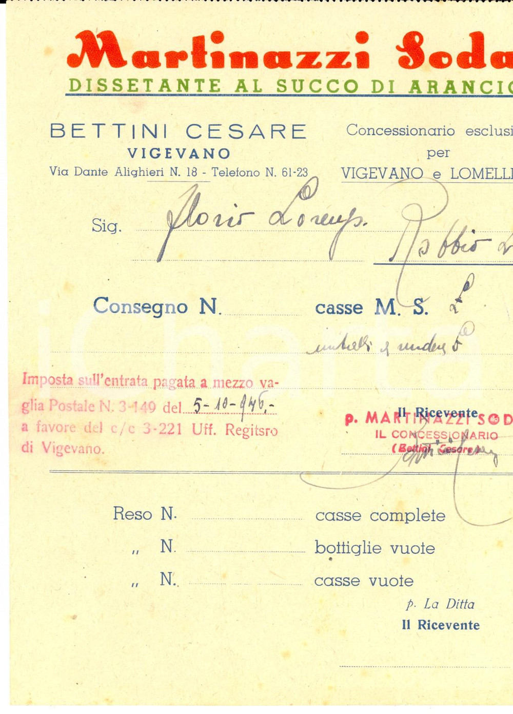 Documento originale, autentico 1946 VIGEVANO MARTINAZZI SODA  Dissetante al succo d arancio  Cesare BETTINI 1