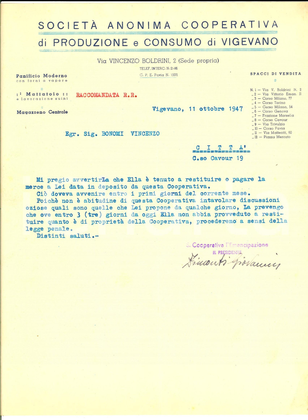 Manoscritto, lettera originale 1947 VIGEVANO PV SocietÃ  Cooperativa di Produzione e Consumo su saldo merce 1