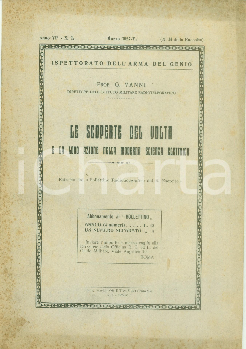 Libro, pubblicazione d epoca 1927 Giuseppe VANNI Le scoperte del VOLTA Scienza elettrica Con AUTOGRAFO 1
