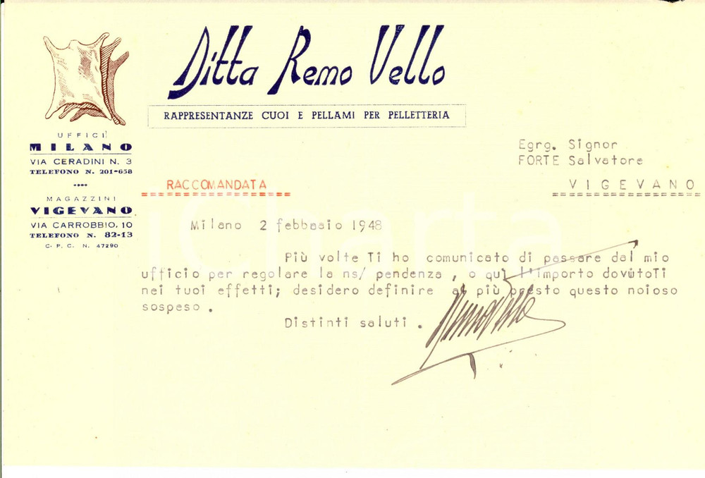 Manoscritto, lettera originale 1948 VIGEVANO PV Remo VELLO cuoi e pellami Lettera a un fornitore 1