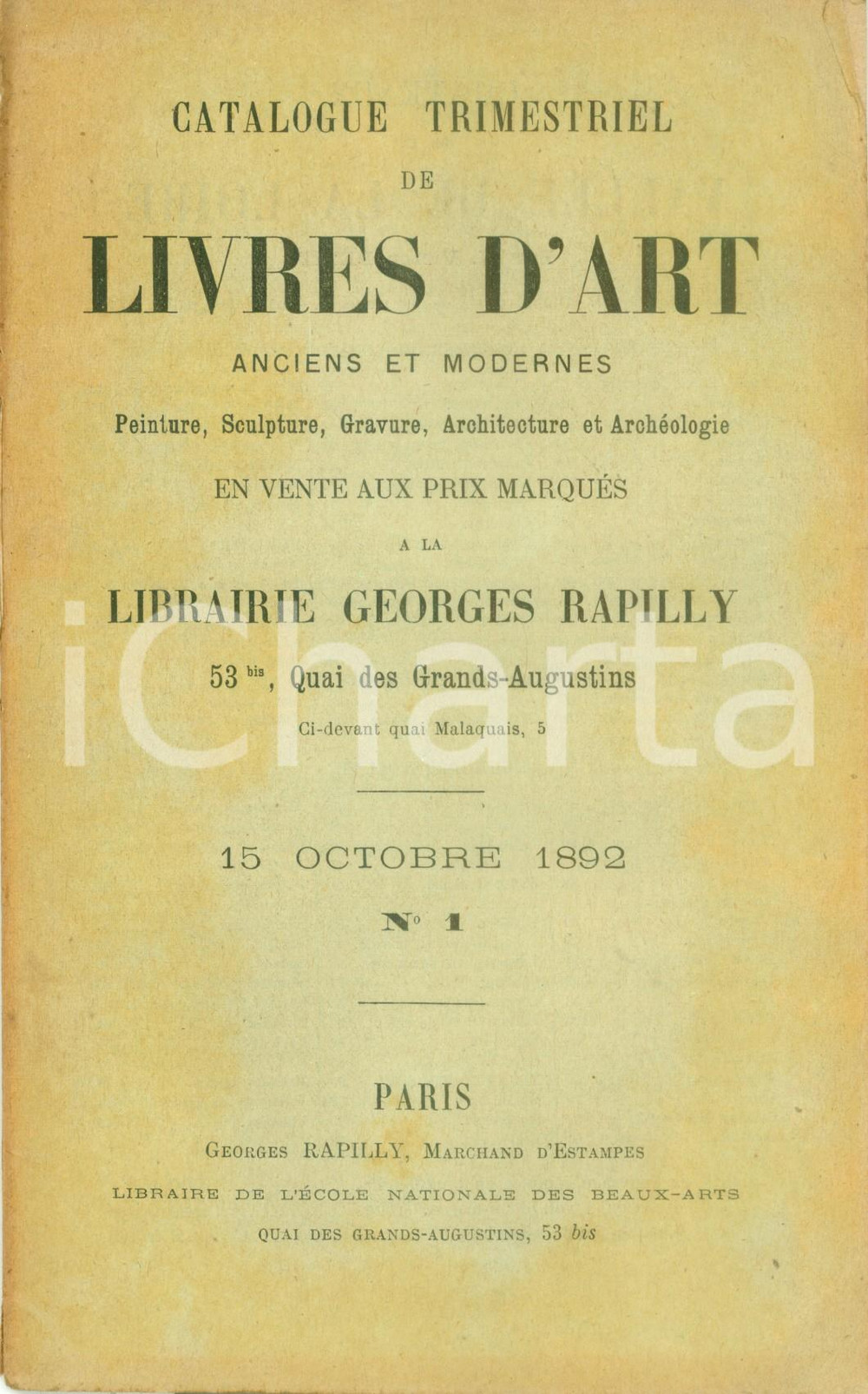 Libro, pubblicazione d epoca 1892 PARIS Librairie RAPILLY Catalogue des livres sur les beauxarts 1