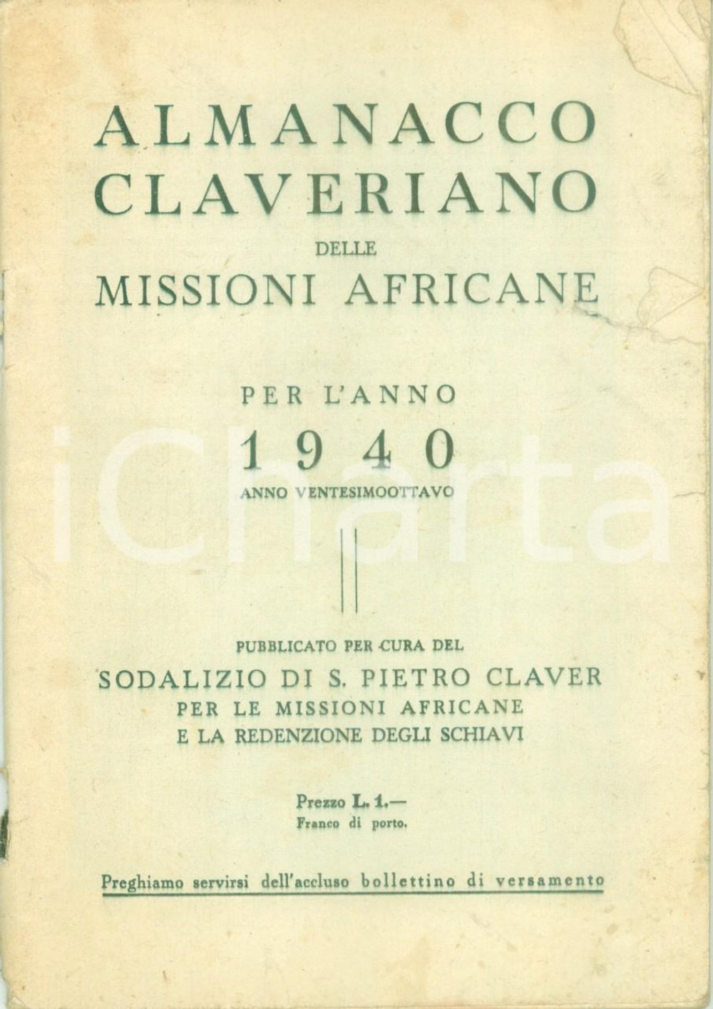 Oggetto da collezione cartaceo 1940 ALMANACCO CLAVERIANO delle Missioni Africane e redenzione degli schiavi 1