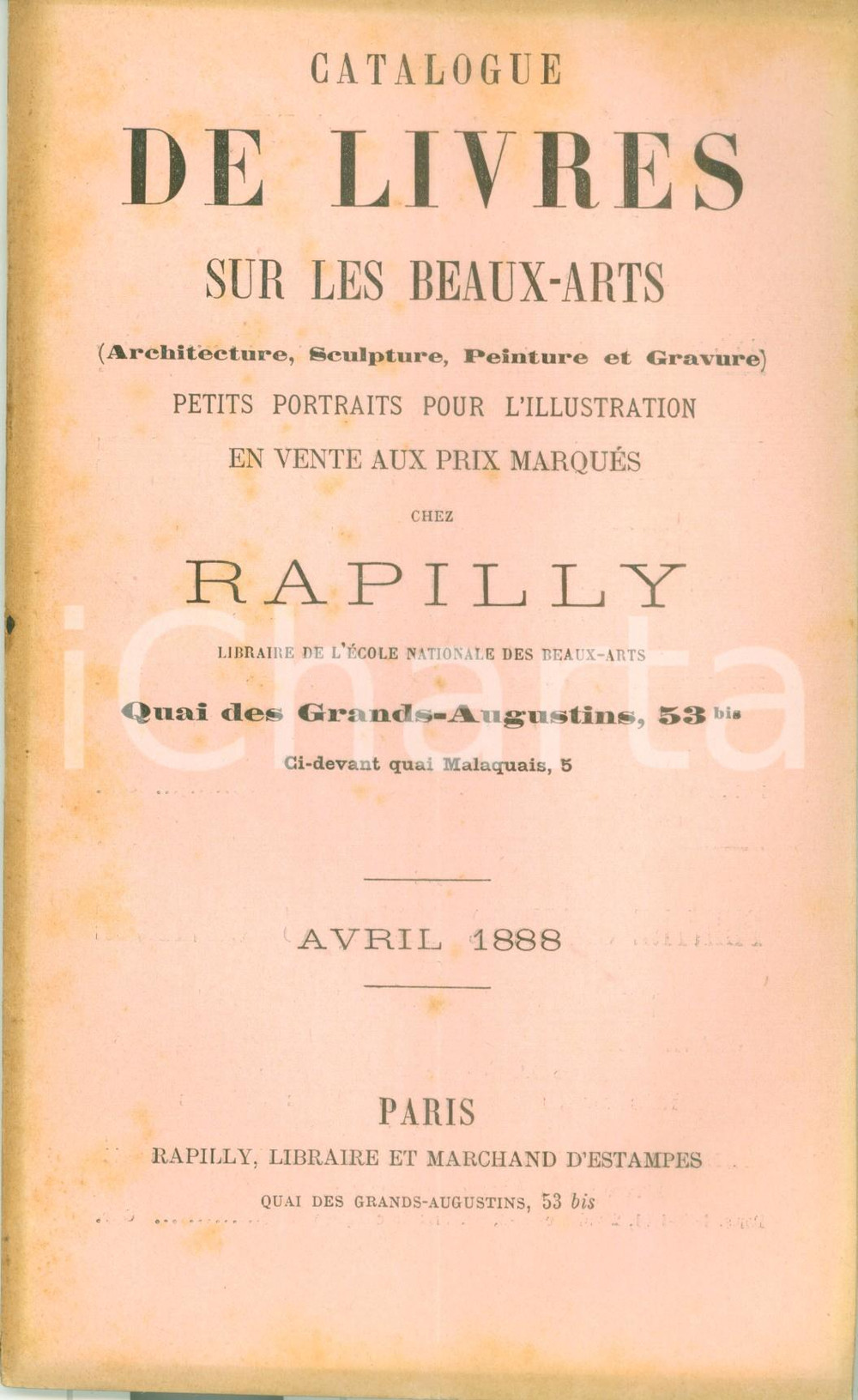 Libro, pubblicazione d epoca 1888 PARIS Librairie RAPILLY Catalogue des livres sur les beauxarts 1