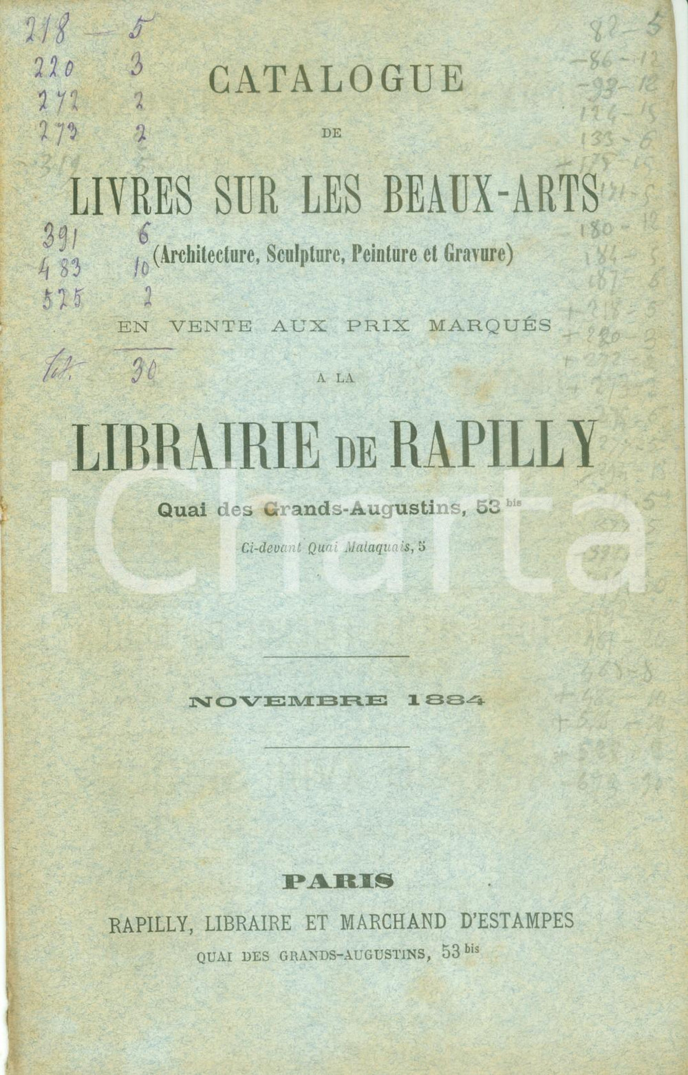 Libro, pubblicazione d epoca 1884 PARIS Librairie RAPILLY Catalogue des livres sur les beauxarts 1