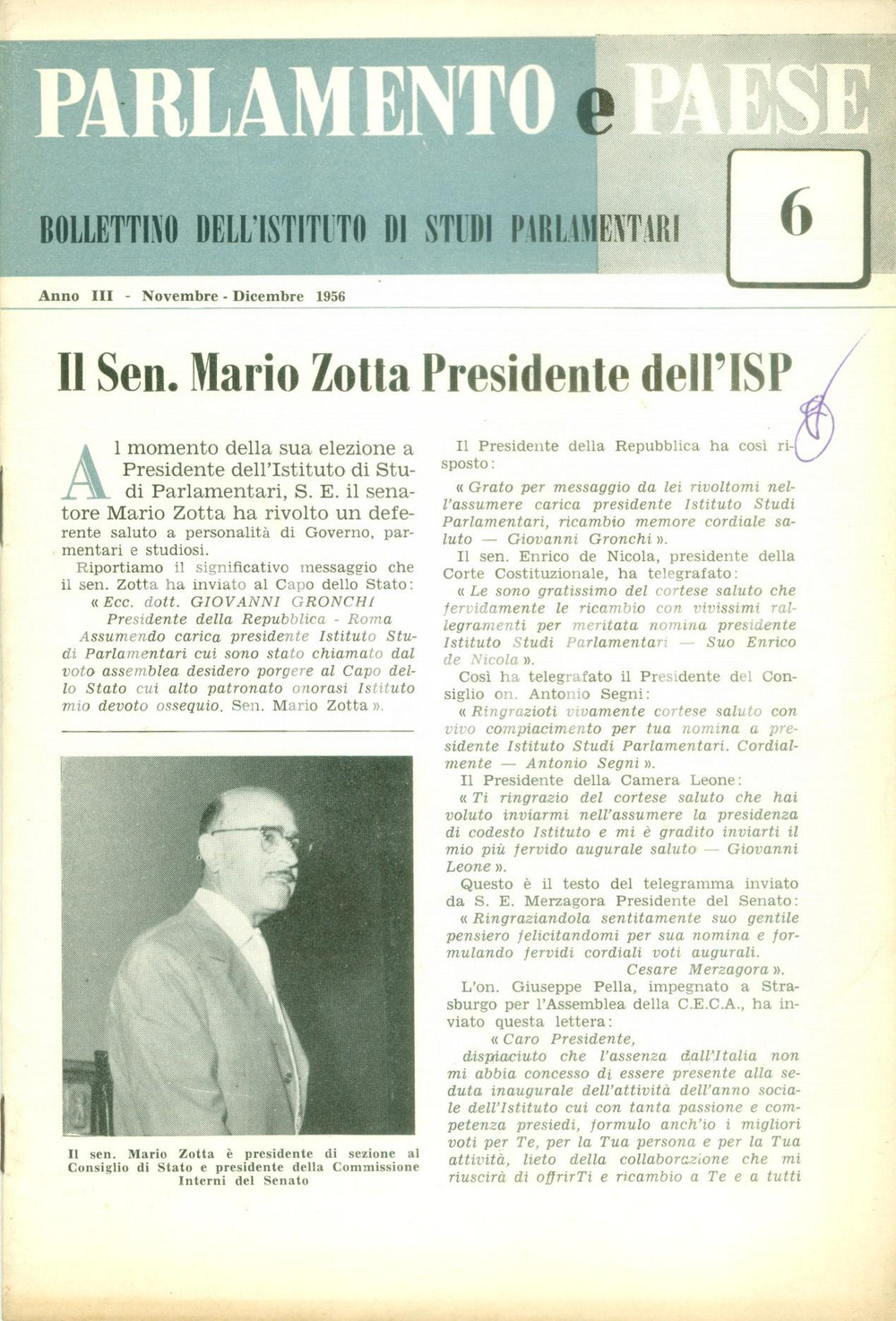 Giornale, rivista storica 1956 PARLAMENTO E PAESE Senatore Mario ZOTTA Presidente dell ISP Bollettino 1