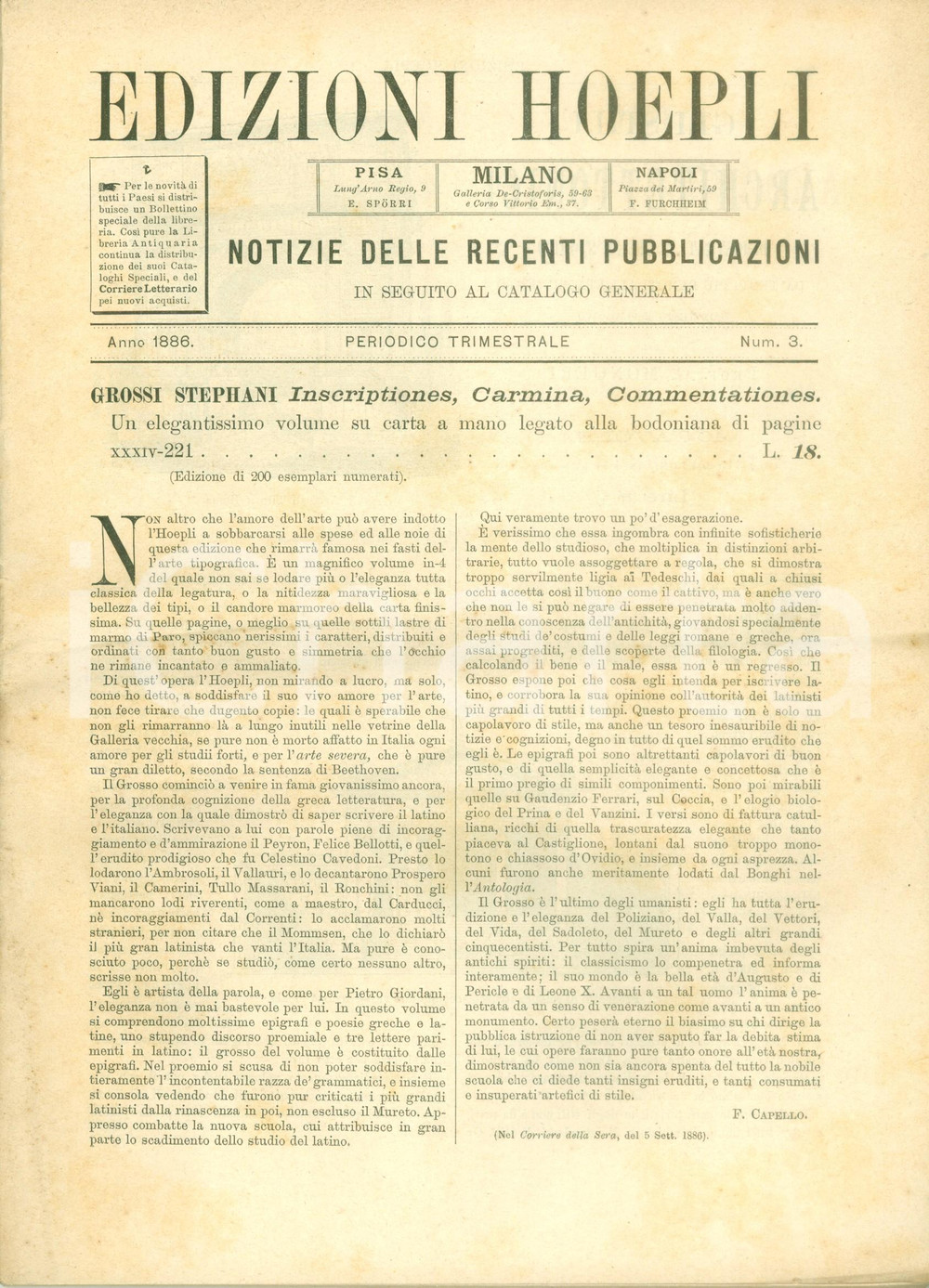 Libro, pubblicazione d epoca 1886 MILANO Edizioni HOEPLI Notizie delle recenti pubblicazioni Bollettino 1