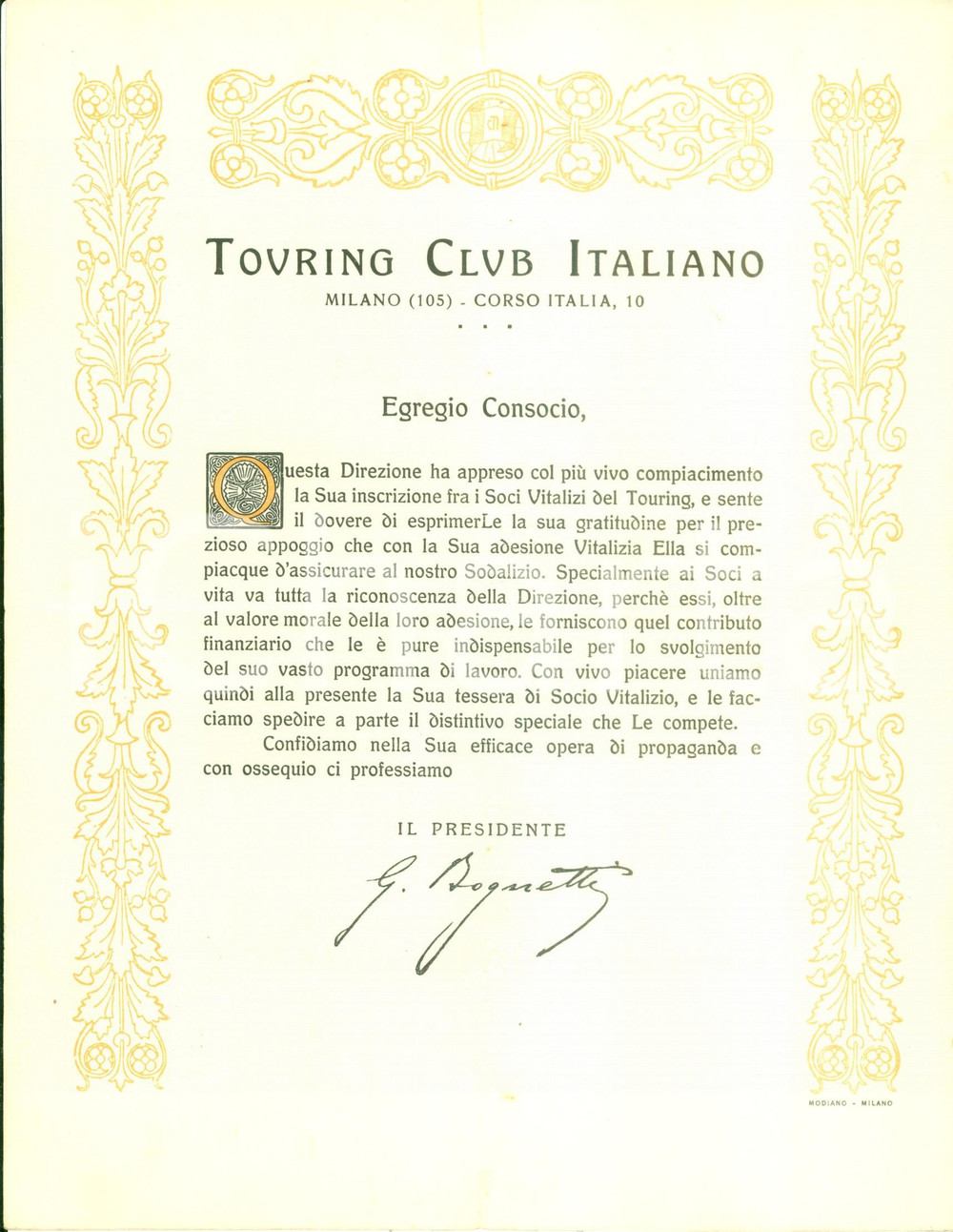 Documento originale, autentico 1920 ca MILANO Iscrizione fra i soci del Touring Club Italiano Documento 1