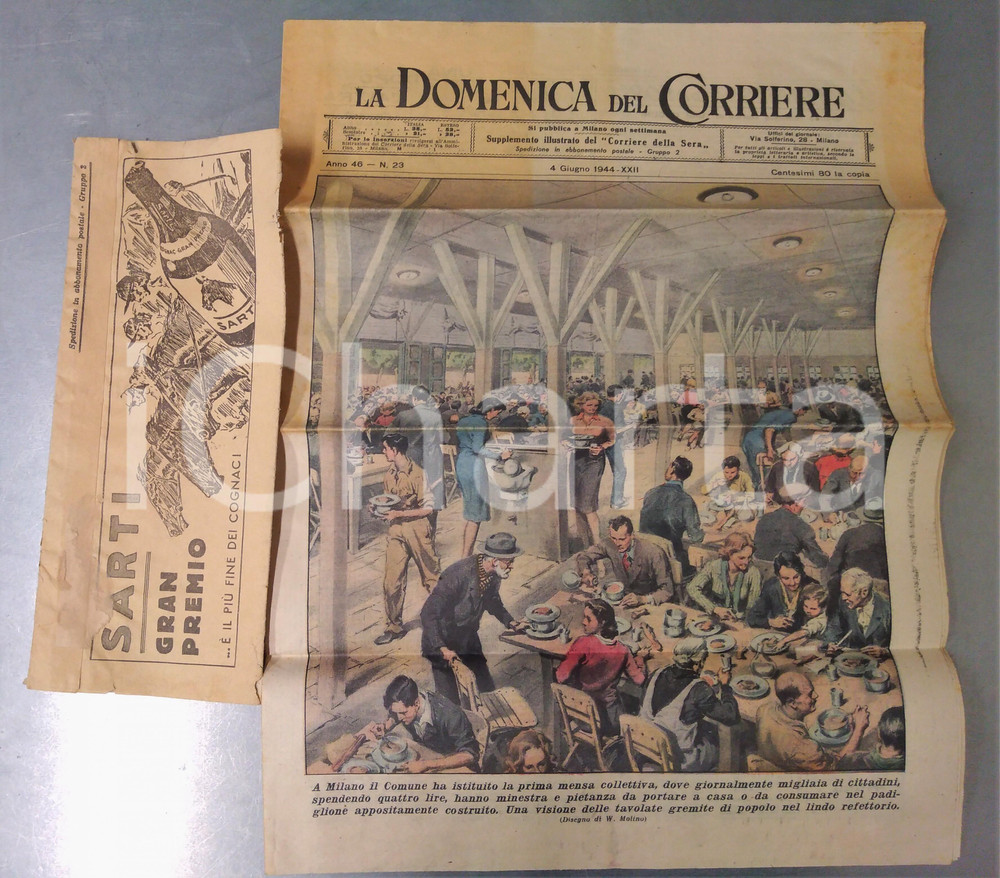 Giornale, rivista storica 1944 RSI DOMENICA DEL CORRIERE Mensa collettiva a MILANO Con fascetta originale 1