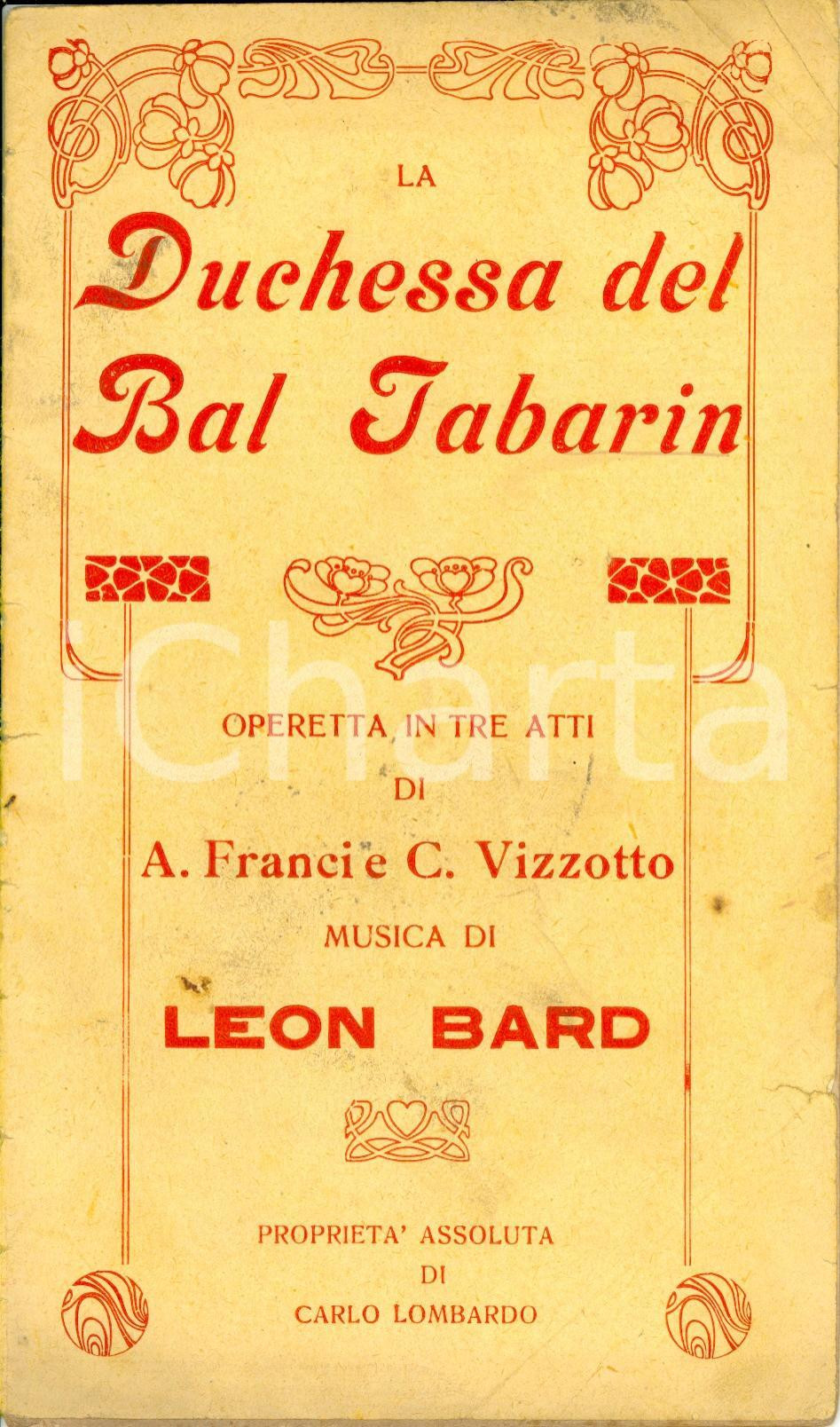 Oggetto da collezione cartaceo 1920 ca Leon BARD La duchessa del Bal Tabarin  Operetta  Carlo LOMBARDO 1