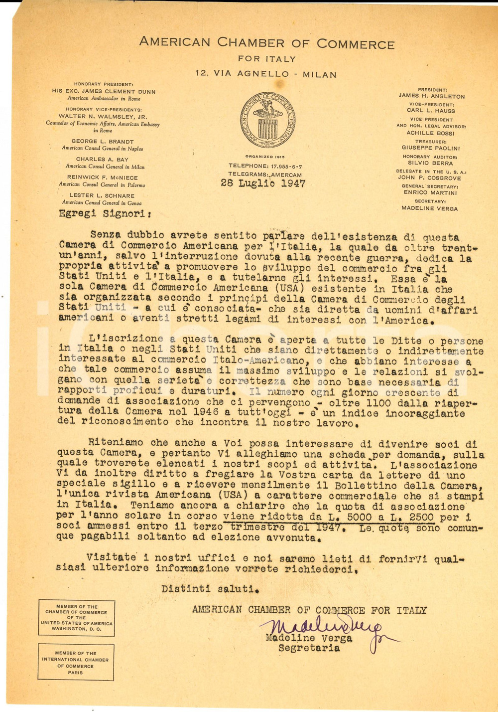Manoscritto, lettera originale 1947 MILANO American Chamber of Commerce in Italy  Lettera per associazione 1