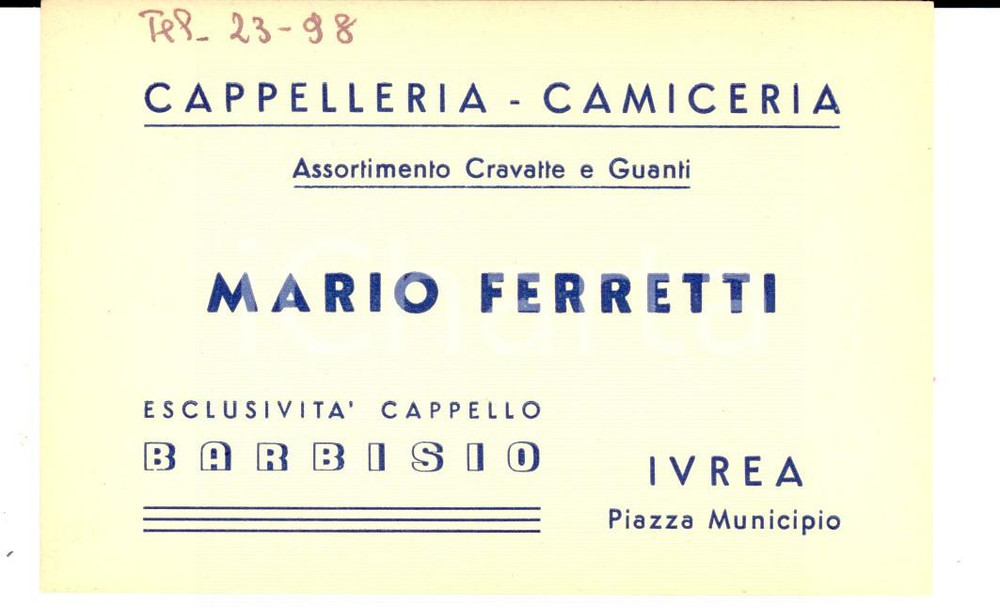 Oggetto da collezione cartaceo 1960 ca IVREA Mario FERRETTI Cappelleria e camiceria Cartoncino pubblicitario 1